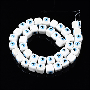 71139 Ceramic Evil Eye Cube beads ,For Jewellery 9,5mm//4Pcs//Ø1,5mm   White Color,   ,Material Ceramic,Porcelain,,Beads (11 8) ()