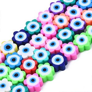 76174  Polymer Clay Flower Beads With Evil Eye ,For Jewellery 10X9mm/40Pcs/Ø1,6mm MultiColor, Flat  ,Material Polymer Clay,,Beads (4 4) ()