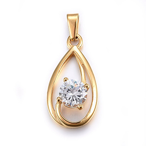 82848 STAINLESS STEEL TEARDROP CHARMS WITH CUBIC ZIRCONIA  FOR JEWELLERY 24X13mm/1Pcs/   GOLD PLATED, With Clear Ziconia  ,Material ,,CHARMS (5 3) ()