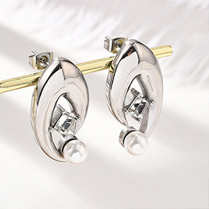 86340 STAINLESS STEEL EARRING STUDS  FOR JEWELLERY 32X17mm/1Pair/  (18K) Steel COLOR, WITH PEARLS  ,Material Ανοξείδωτο Ατσάλι 304,, (4 0) ()