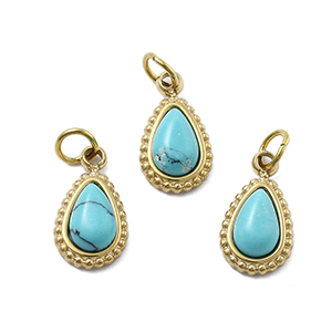 87103 STAINLESS STEEL TEARDROP CHARMS  FOR JEWELLERY 12X7mm/1Pcs/  (IP) GOLD PLATED, WITH NATURAL STONE  ,Material ,CHARMS (0 0) ()