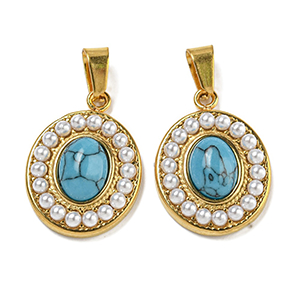 87117 Stainless Steel Oval Pendants  FOR JEWELLERY 19X14mm/1Pcs/  (IP) GOLD PLATED, WITH NATURAL STONE  ,Material ,CHARMS (0 0) ()