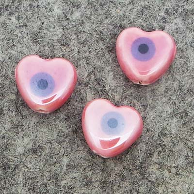 CH44536 Ceramic Hearts with Evil Eye Beads For Jewellery 12X11mm/2Pcs Pink Color,   ,Material Ceramic,Porcelain,,Beads (4 0) ()
