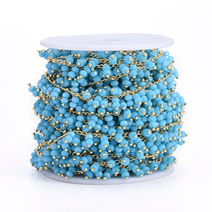 CH60518 Brass beaded chains/rozery ,for jewellery 6x2mm/1meters/ gold/turquoise, per meter  ,material ,, (0 0)