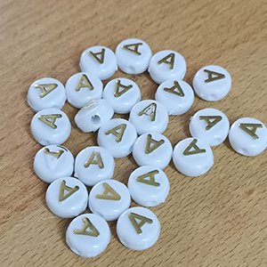 CH60615 Beads acrylic round flat,with letter a ,10x6mm/ø2mm/5pcs ,white/gold color (0 0)