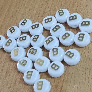 CH60616 Beads acrylic round flat,with letter b ,10x6mm/ø2mm/5pcs ,white/gold color (0 0)