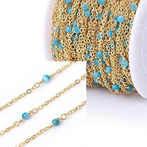 CH61227 Brass beaded chains/rozery ,for jewellery 3mm//1meters/ gold plated/blue color, per meter  ,material ,, (0 0)