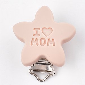 CH61415 Foodgrade silicone pacifier clips star shape ‘i love mom’for pacifier 46mm//1pcs/ beige color,with hearts with mother  ,material food grade silicone,cartoon, (0 0)