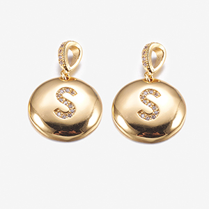 CH63341 Alphabet Letters Micropave Brass Round Flat,With Letter S ,22mm/1Pcs ,Gold Plated (3 1) ()