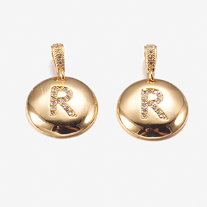 CH63342 Alphabet letters micropave brass round flat,with letter r ,22mm/1pcs ,gold plated (0 0)