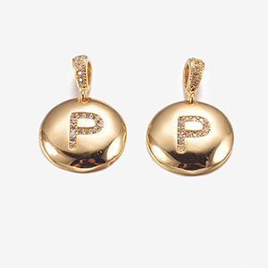 CH63343 Alphabet Letters Micropave Brass Round Flat,With Letter P ,22mm/1Pcs ,Gold Plated (1 1) ()