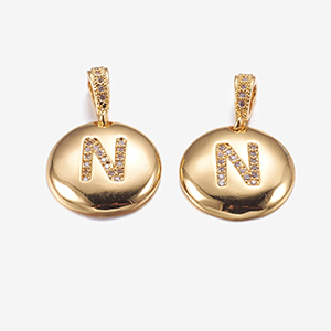 CH63344 Alphabet Letters Micropave Brass Round Flat,With Letter N ,22mm/1Pcs ,Gold Plated (0 1) ()