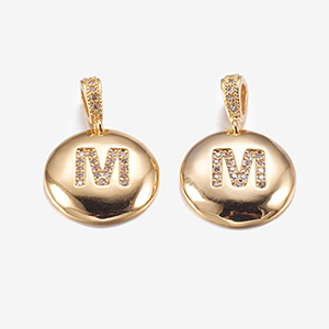 CH63345 Alphabet letters micropave brass round flat,with letter m ,22mm/1pcs ,gold plated (0 0)