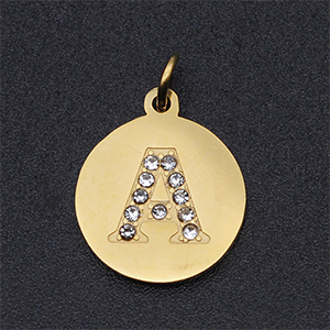 CH63359 Μενταγιον ατσαλινα στρογγυλο πλακε ,16x14mm/1τεμ. ,επιχρυσο χρωμα,με γραμμα α (0 0)