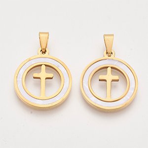 CH65249 Crosses stainless steel round shape,with sea shell ,23x20mm/1pcs ,gold plated (0 0)